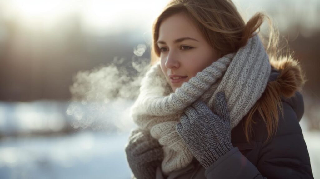 Person walking outdoors in winter clothes, staying active during the holidays.