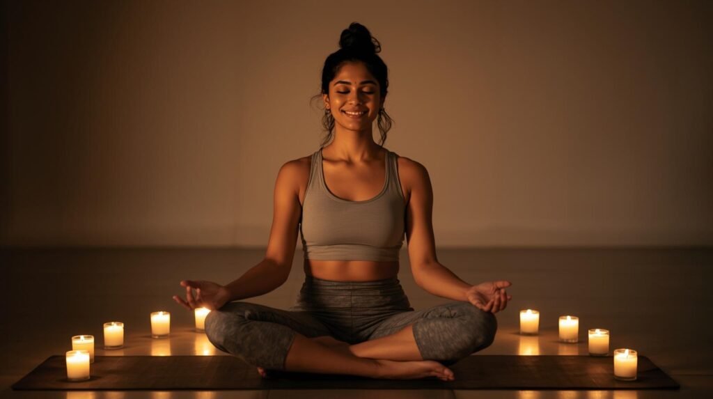 Person meditating peacefully after a cozy home workout.