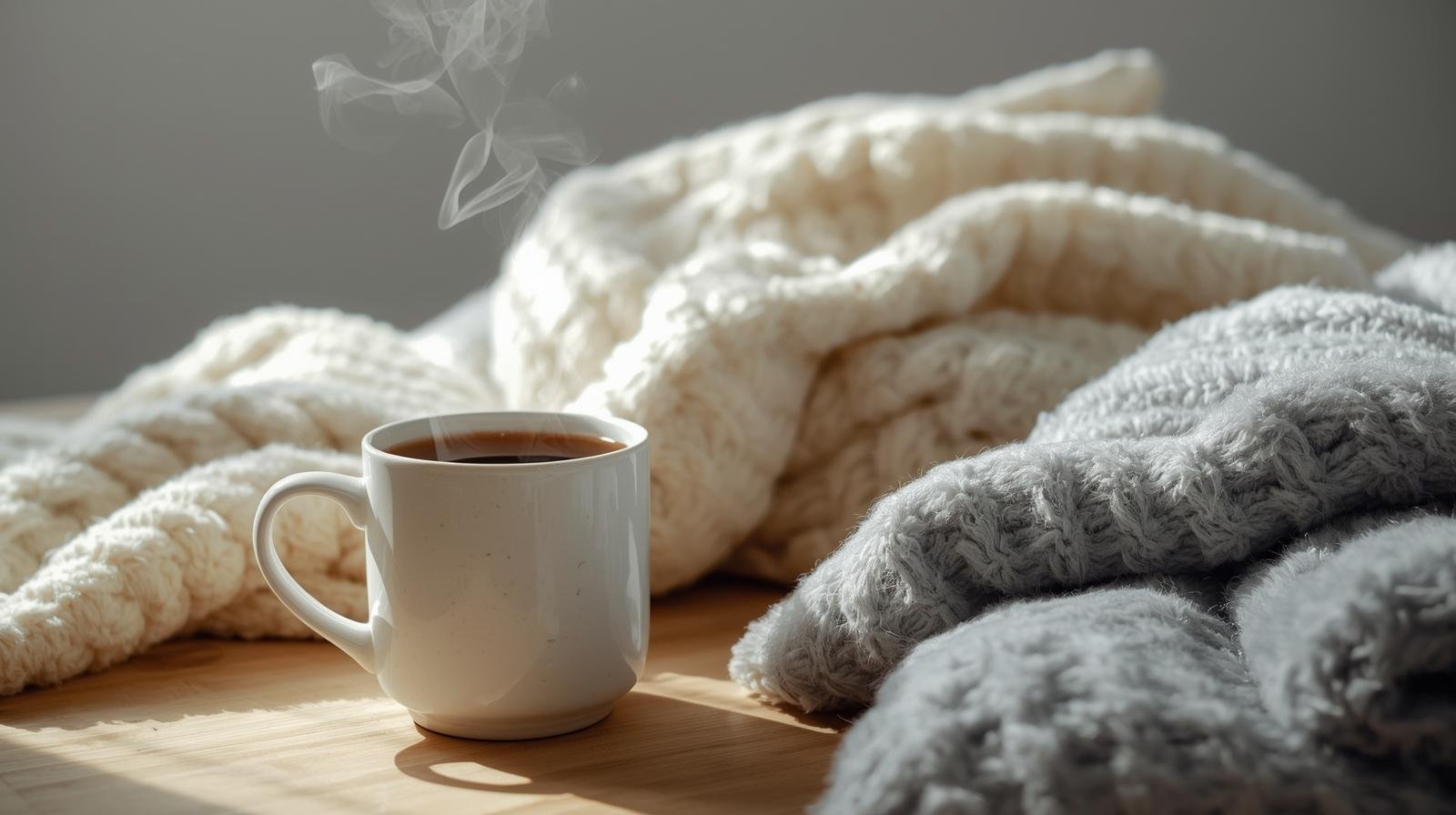 A serene winter wellness scene with a warm mug, soft blankets, and cool natural light creating a calm and cozy atmosphere.