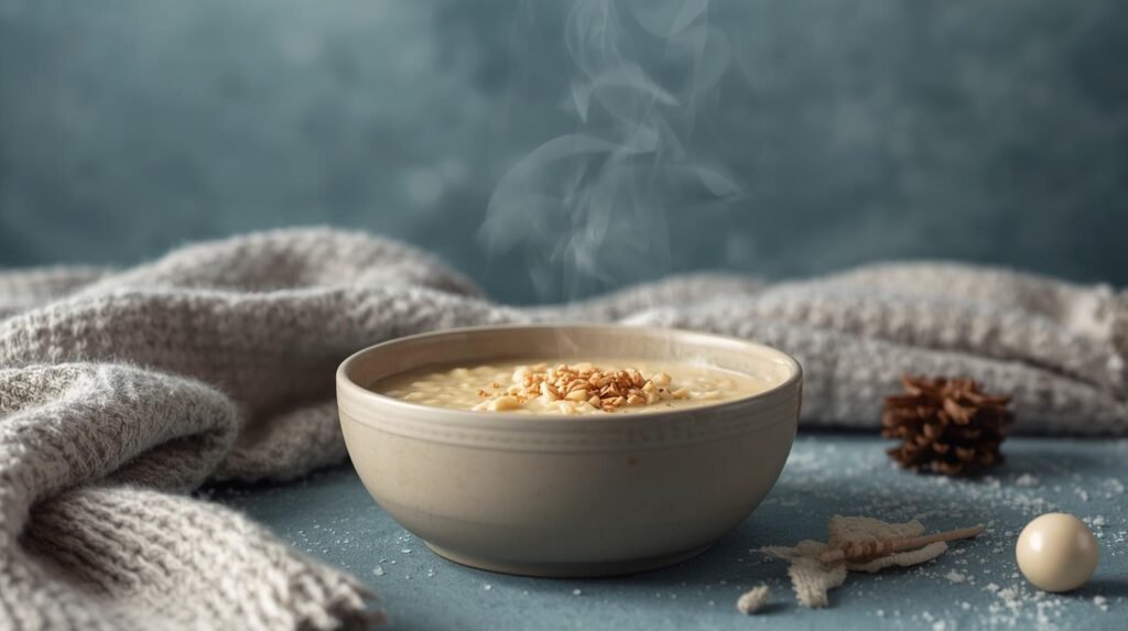 A warm nourishing winter bowl with steam rising, set against cool neutral tones and soft cozy textures.