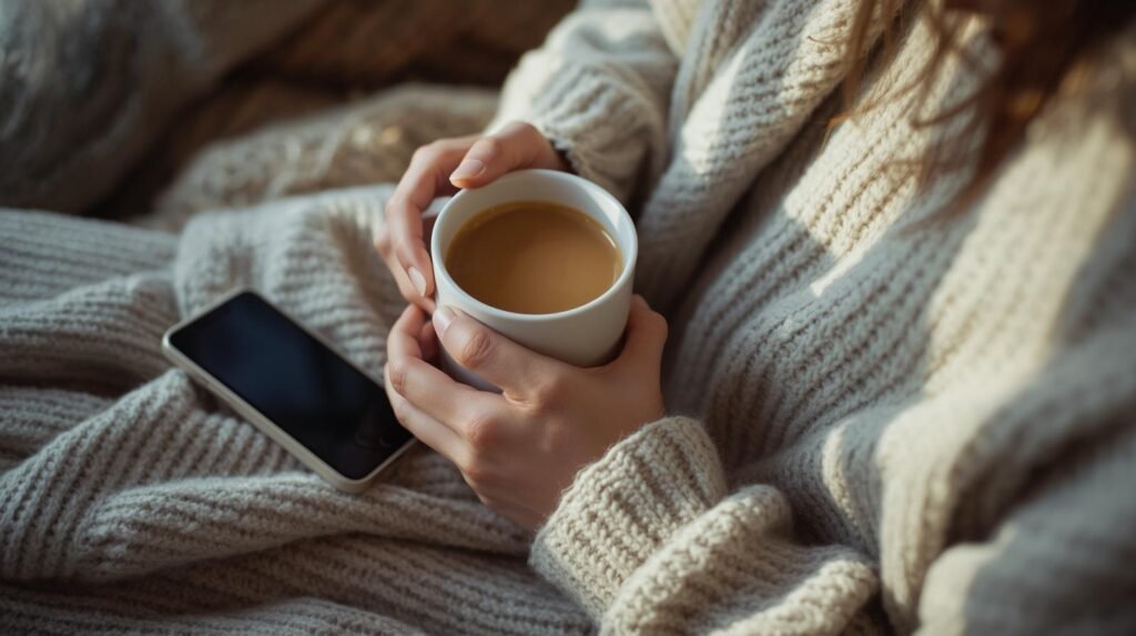 A person enjoying quiet winter alone time with a warm mug while their phone sits aside, creating a peaceful, grounded moment.
