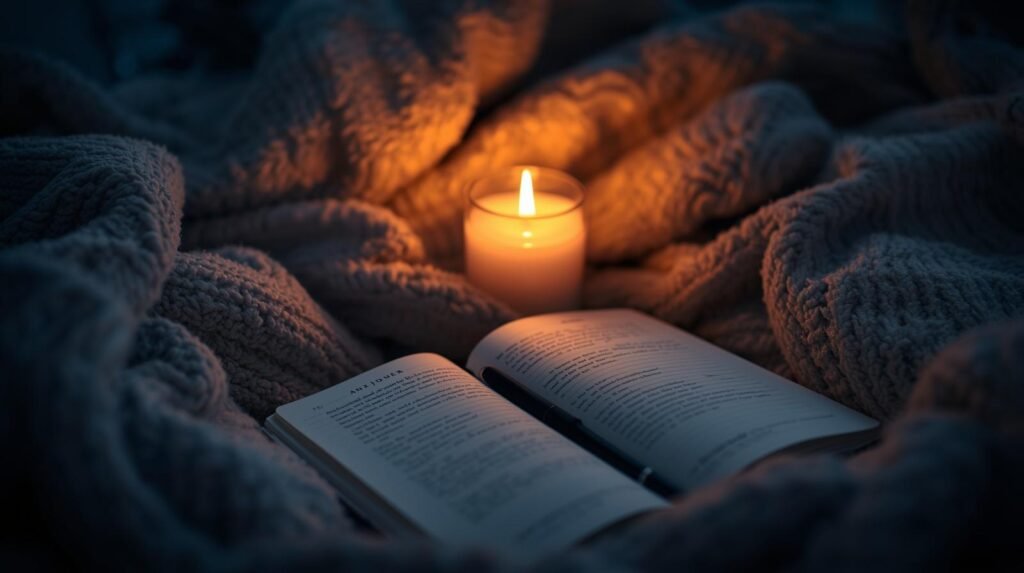 A cozy winter evening scene with soft warm candlelight, a journal, and blankets against cool surrounding tones.