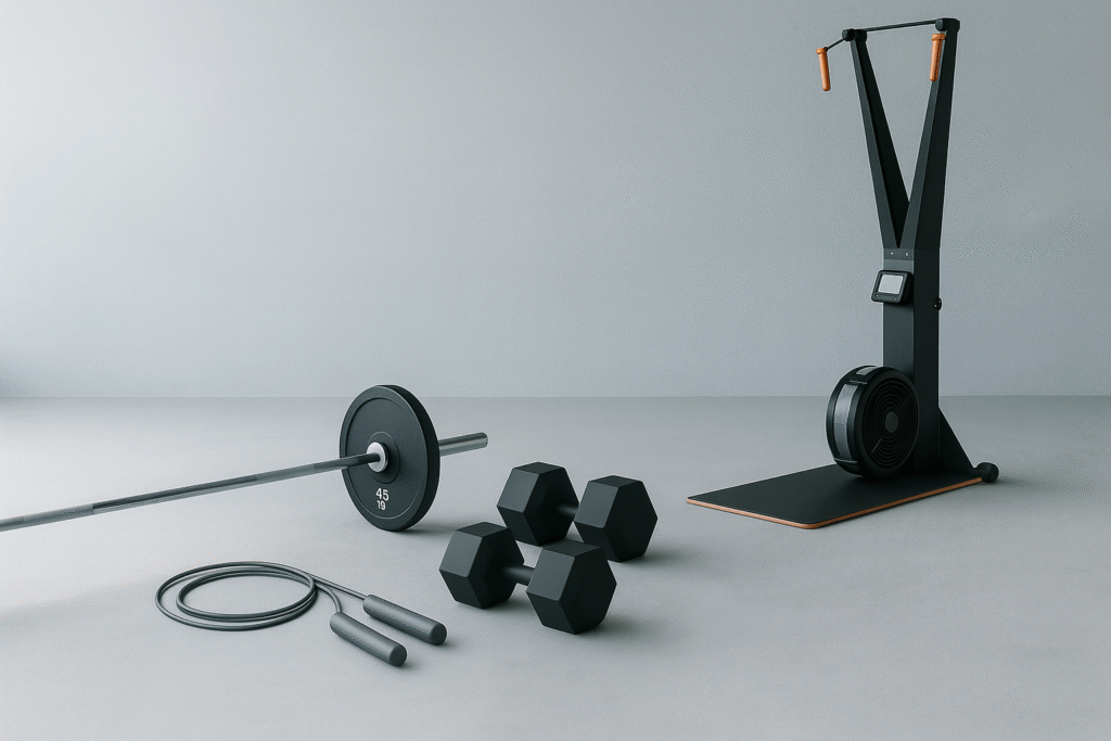 Modern strength and conditioning gear including a SkiErg, barbell, dumbbells, and jump rope arranged in a clean home gym space.