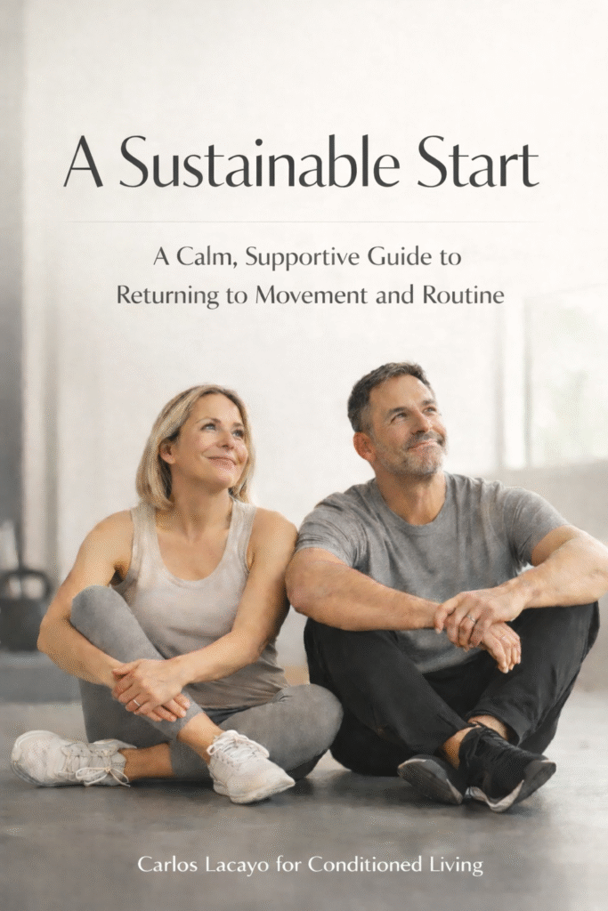 Cover image titled ‘A Sustainable Start,’ showing two adults sitting on a gym floor in casual workout clothes, smiling and looking ahead, with colorful confetti around the border.