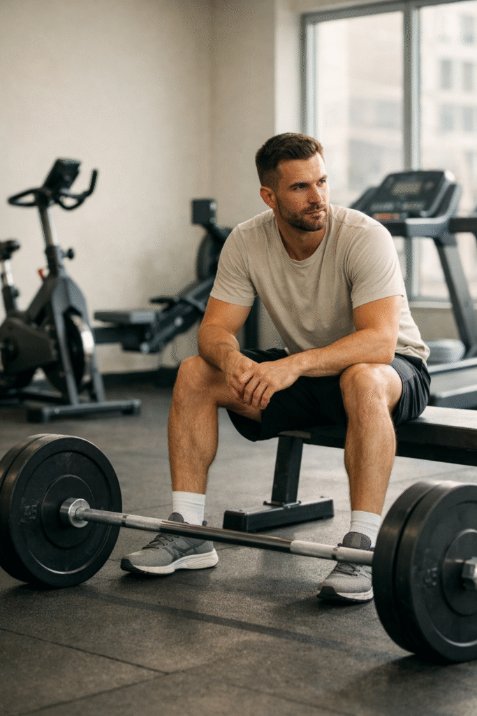 Person resting between strength and cardio training in a quiet gym environment, reflecting a balanced approach to conditioning and strength.