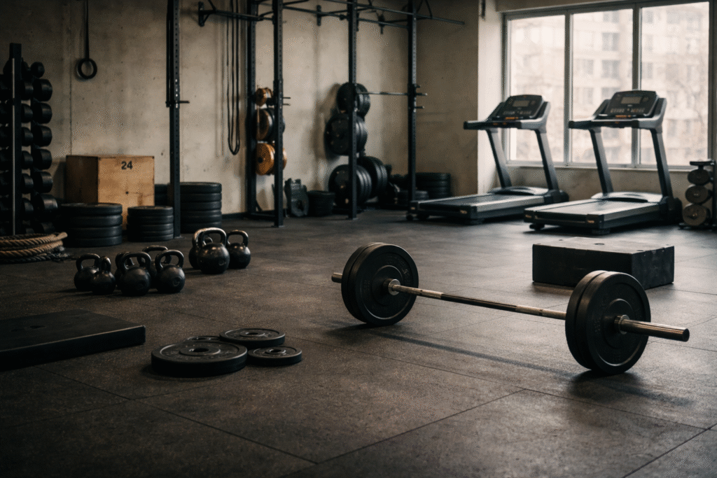 Empty gym space with cardio and strength equipment, representing common conditioning approaches that lack balance or structure.