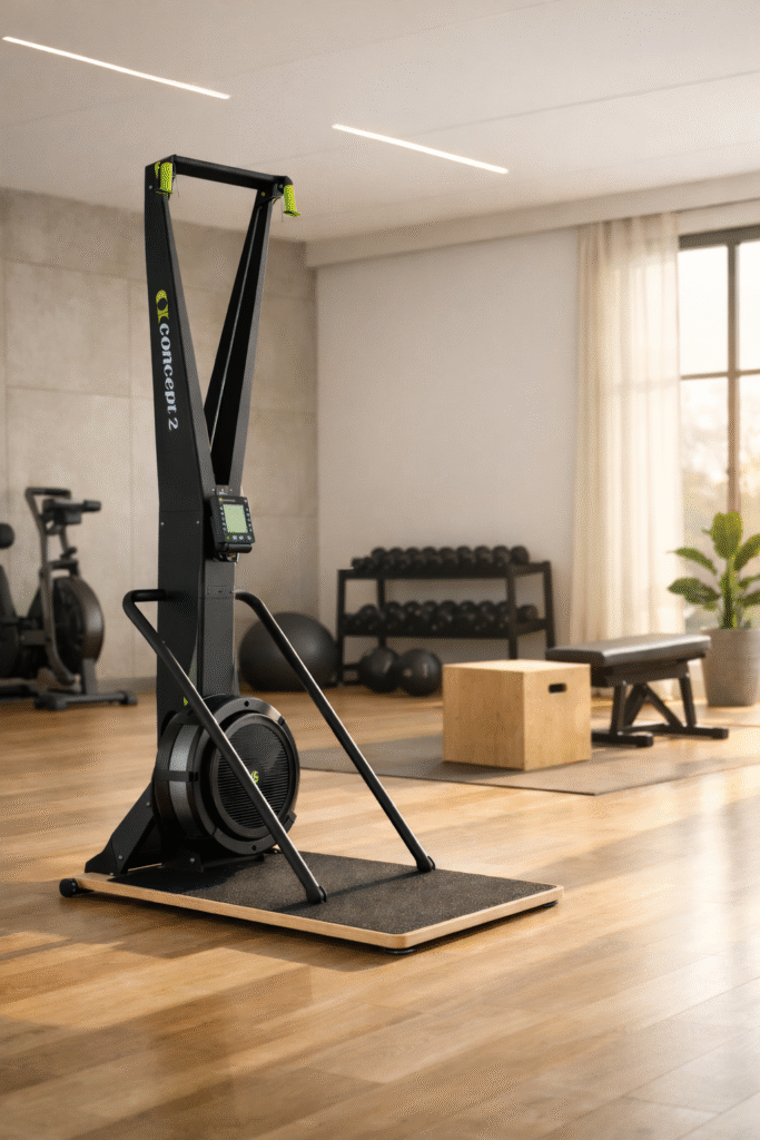 Minimal modern gym interior with a Concept2 SkiErg machine in the foreground, featuring lime green handles, soft morning light, and neatly arranged dumbbells and equipment in the background.