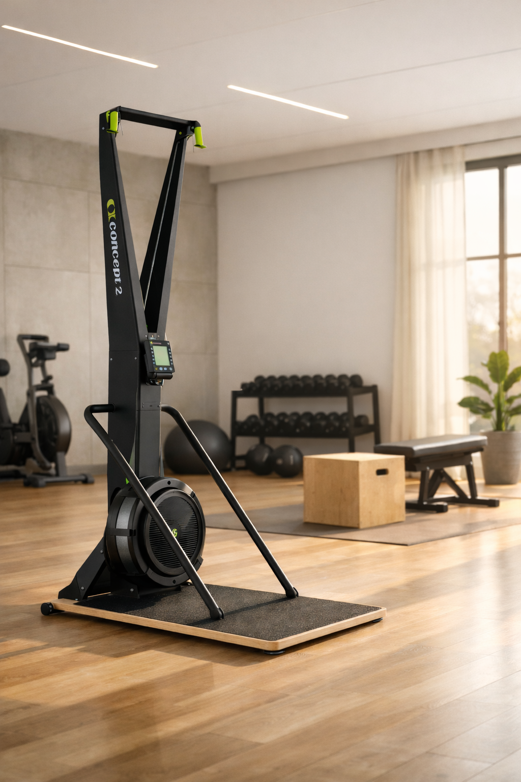 Minimal modern gym interior with a Concept2 SkiErg machine in the foreground, featuring lime green handles, soft morning light, and neatly arranged dumbbells and equipment in the background.