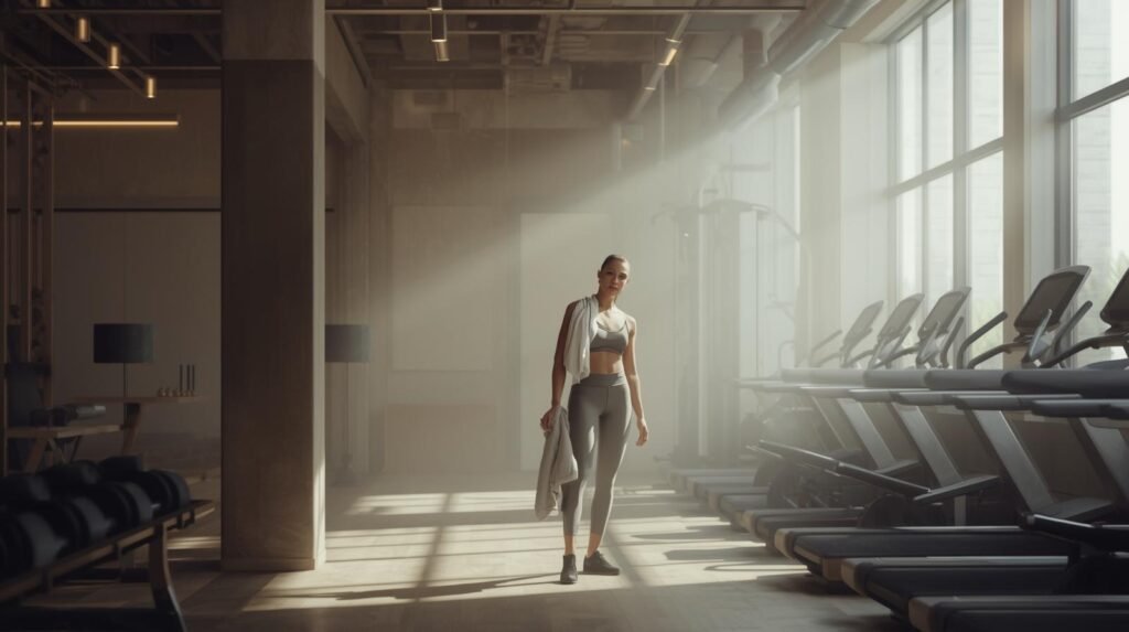 A calm gym environment representing a supportive return to fitness after time off without pressure or guilt.