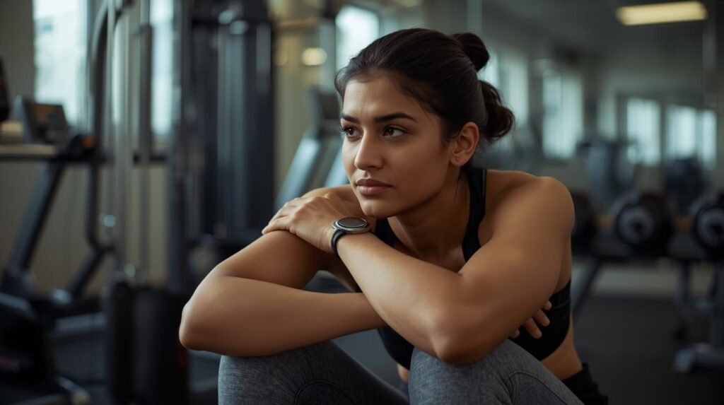 A reflective moment in the gym illustrating the mental challenge of returning to fitness after time off.