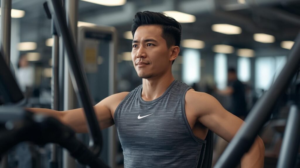 A calm post-workout moment in the gym showing a balanced return to fitness.