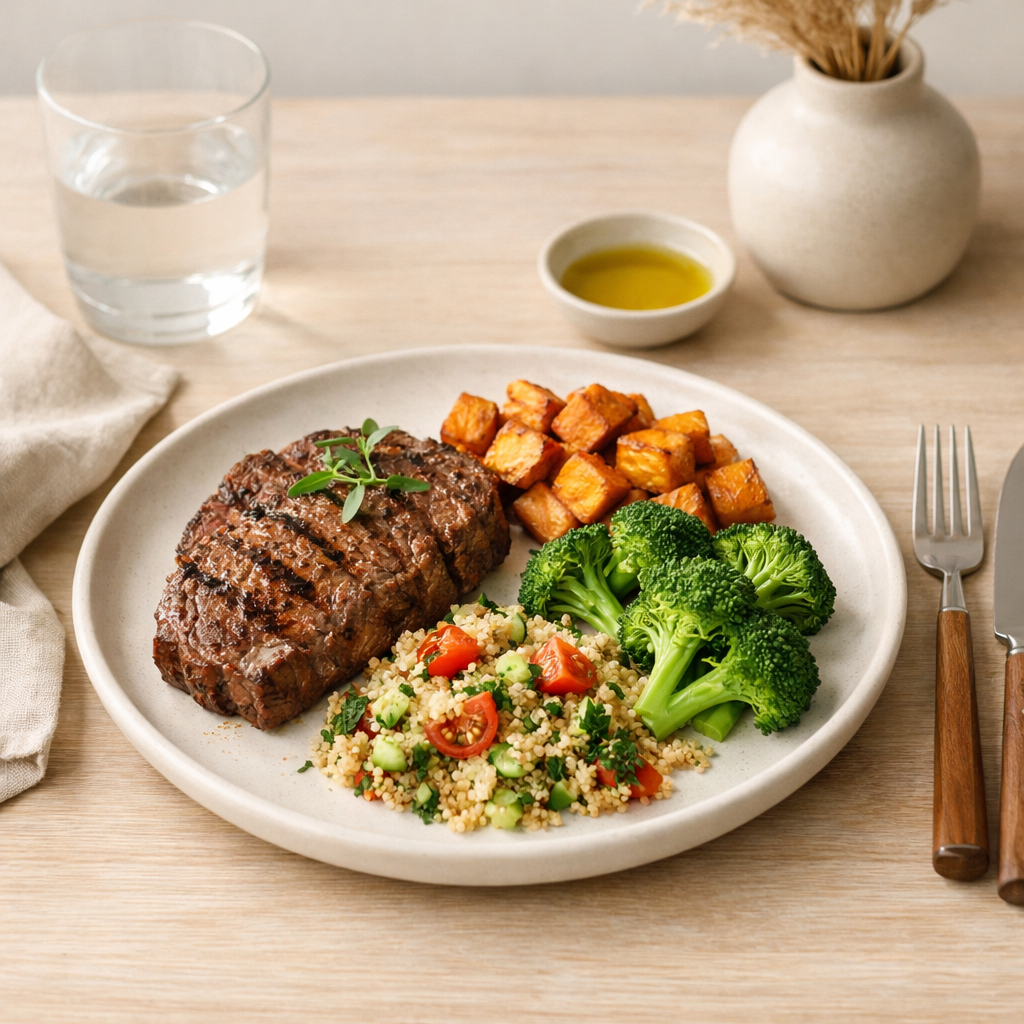 Balanced whole-food meal featuring a grilled steak, roasted sweet potatoes, steamed broccoli, and quinoa salad on a neutral ceramic plate, set on a light wooden table with soft natural lighting in a minimal, modern dining setting.