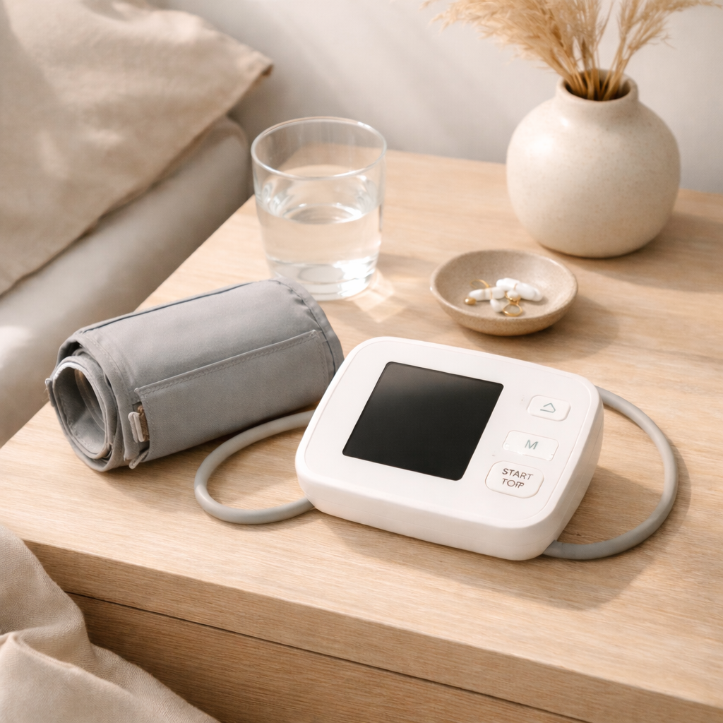 Digital blood pressure monitor with cuff resting on a light wooden bedside table beside a glass of water and a small dish, illuminated by soft natural morning light in a minimal, neutral-toned wellness setting.