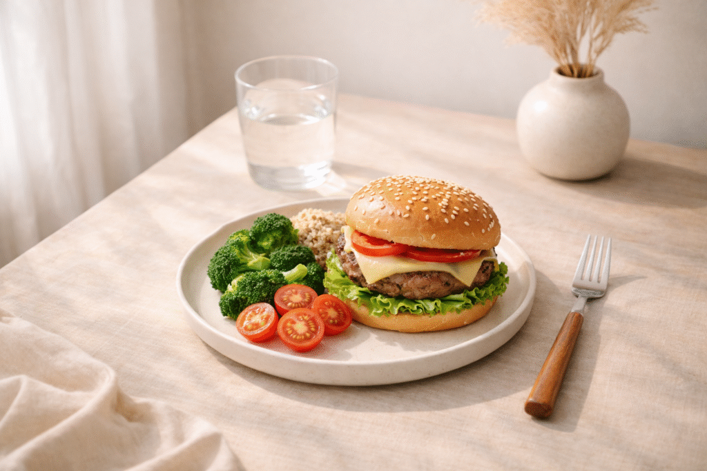 Balanced burger meal with whole-food sides including broccoli, cherry tomatoes, and grains, plated on a neutral ceramic dish with fork beside it, set on a light wooden table in soft natural light, clean minimalist wellness setting.