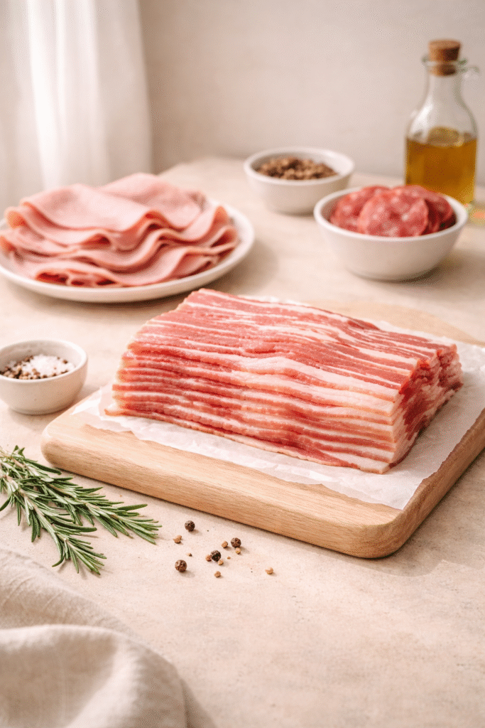 Uncooked bacon arranged on parchment paper over a light wooden cutting board, styled with muted tones, soft natural lighting, and minimal editorial food photography composition.