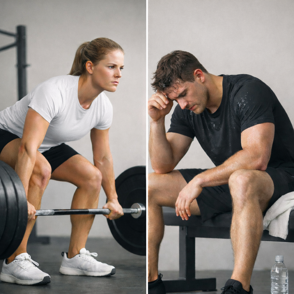 Split-image editorial fitness photo in a minimalist modern gym. Left side shows a focused female athlete in a white shirt performing a heavy barbell deadlift. Right side shows an exhausted male athlete in a black shirt sitting on a bench, sweating, with a towel and water bottle nearby. Neutral tones and soft natural lighting create a calm, cinematic mood.