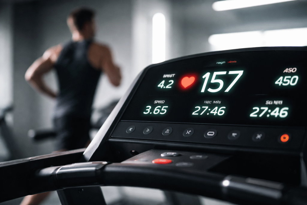 Conceptual fitness image of a sleek treadmill console in a modern minimalist gym. The digital display glows, highlighting heart rate and workout metrics, while an athlete runs blurred in motion in the background. Neutral tones and soft lighting create a cinematic, editorial mood.