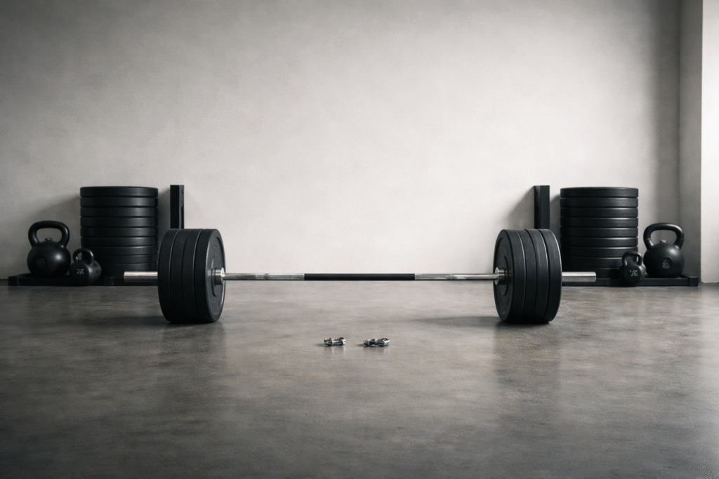 Organized minimalist gym scene with a barbell centered symmetrically on a polished concrete floor. Neatly stacked black weight plates and kettlebells sit evenly on both sides. Soft natural lighting and neutral tones create a clean, structured, editorial fitness aesthetic conveying discipline and order.