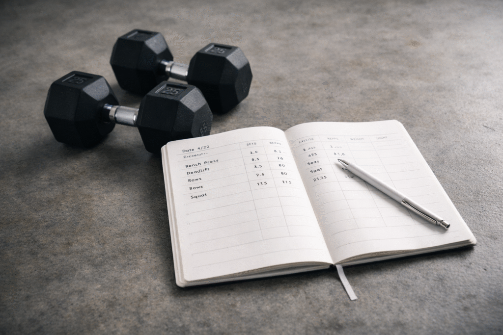 Open fitness tracking journal on a gym floor beside black hex dumbbells. A pen rests on the page showing logged workouts with exercises, sets, and reps. Minimalist modern lifestyle editorial style with neutral tones and soft lighting.