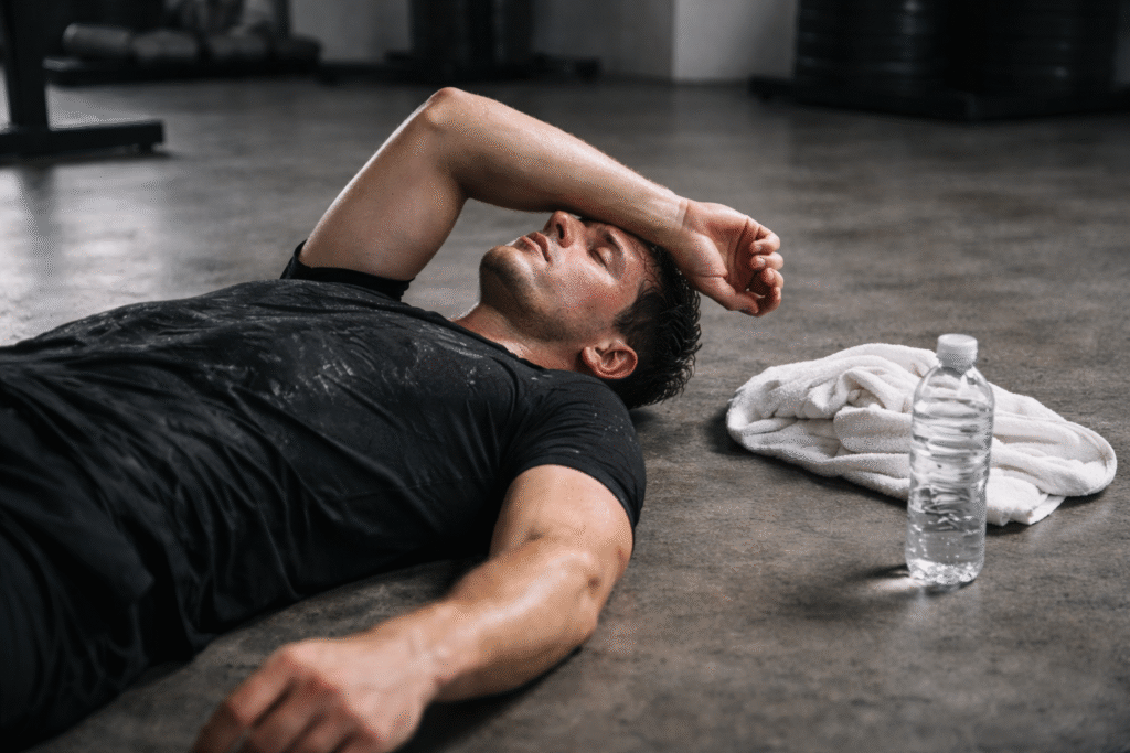Exhausted athlete lying on a gym floor after a workout, wearing black athletic clothing. A white towel and water bottle rest nearby. Dramatic, moody lighting creates a cinematic editorial feel, conveying fatigue and burnout rather than triumph.