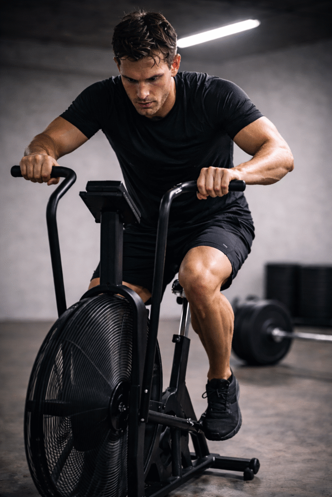 Athlete riding an air bike in a modern minimalist gym, captured with cinematic lighting. The man wears black athletic clothing and shows intense focus. A loaded barbell sits blurred in the background, creating a dynamic editorial strength and conditioning aesthetic