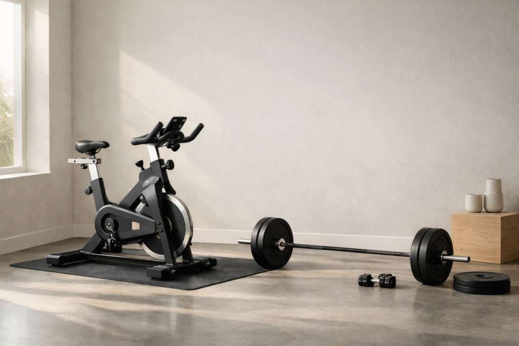 Minimal modern gym interior with a spin bike and loaded barbell resting on the floor side by side, soft natural light, neutral tones, and a calm strength and conditioning atmosphere.