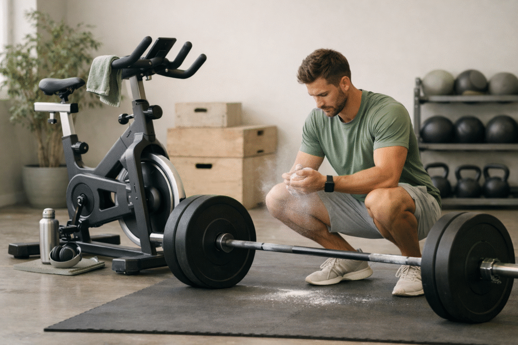 Athlete preparing for a deadlift beside a spin bike in a minimalist gym, highlighting a balanced training flow between strength and cardio in a calm, modern fitness environment