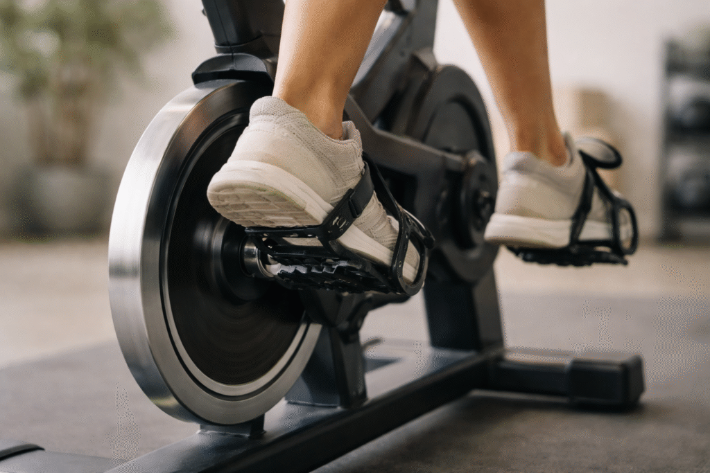 Close-up of spin bike pedals in motion with a softly blurred gym background, emphasizing steady cardio conditioning in a calm, modern wellness training environment.