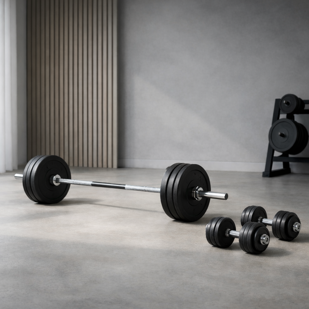 Minimal modern gym interior with a barbell and dumbbells resting on the floor, soft natural light, neutral gray tones, and a calm strength training atmosphere.
