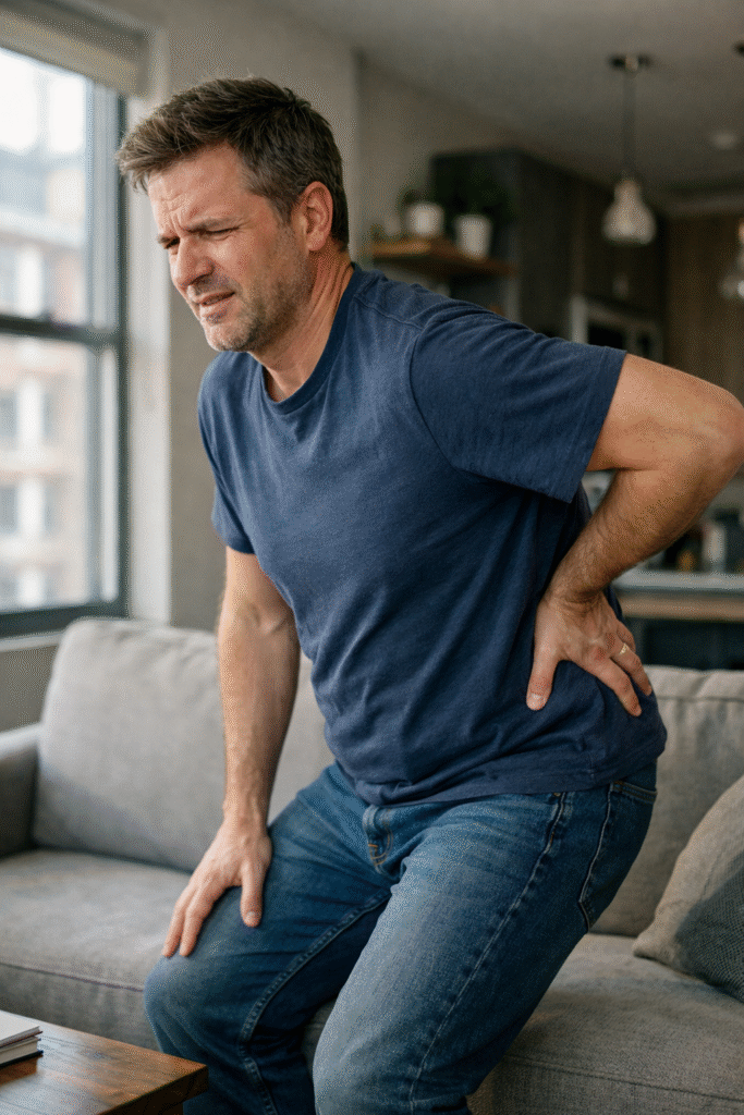 Man with an average build stands up from a couch in a modern apartment, holding his lower back with a slight grimace, suggesting stiffness or discomfort, with natural window light illuminating the scene.