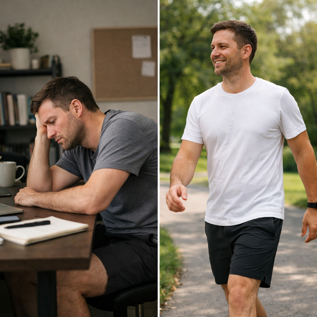 Split image of the same adult man showing a contrast in mobility and posture. On the left, he sits slouched at a desk indoors with a tired expression, leaning on his hand in a dim, neutral-toned workspace. On the right, he walks outdoors upright with relaxed posture and a slight smile, in natural light with greenery in the background, representing improved movement and ease.