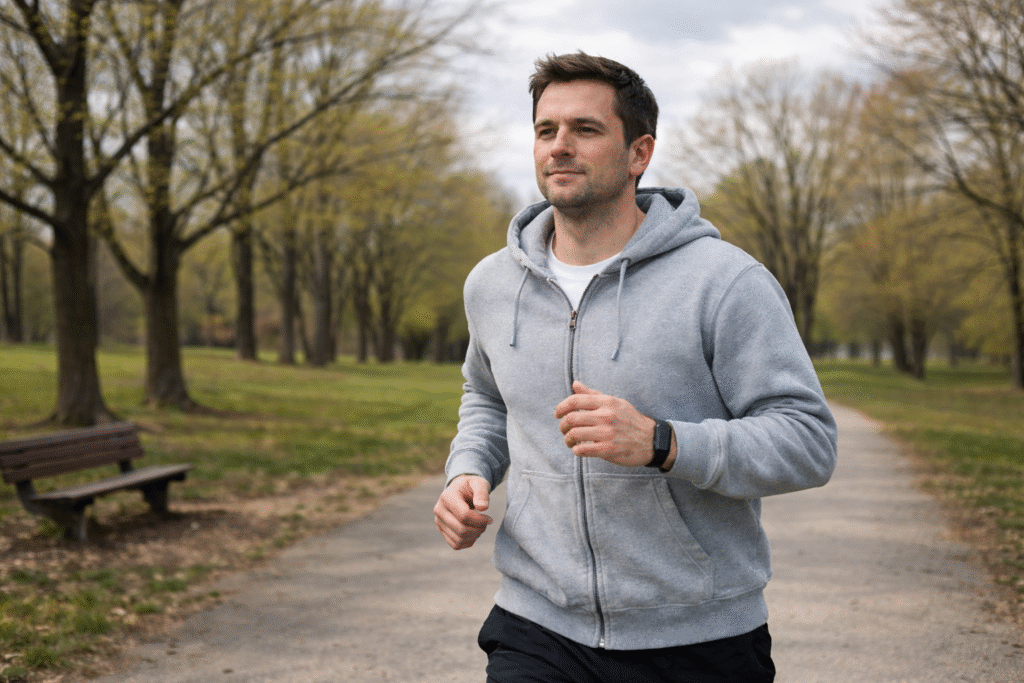 Average man jogging on a park path in early spring, wearing a gray hoodie and black pants, cloudy bright sky overhead, trees with early leaves in the background, natural lighting, realistic outdoor fitness lifestyle scene with a calm, focused expression.