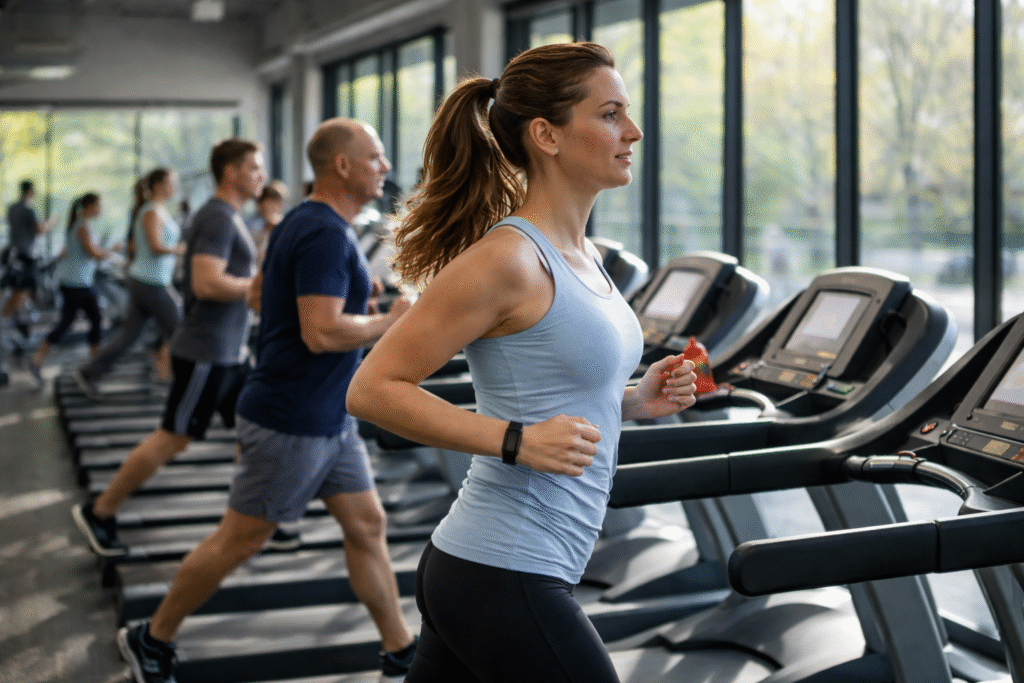 Woman running on a treadmill in a bright modern gym, wearing a light blue tank top and black leggings, with other everyday people training on treadmills in the background, large windows letting in natural sunlight, realistic fitness environment, documentary style photography.