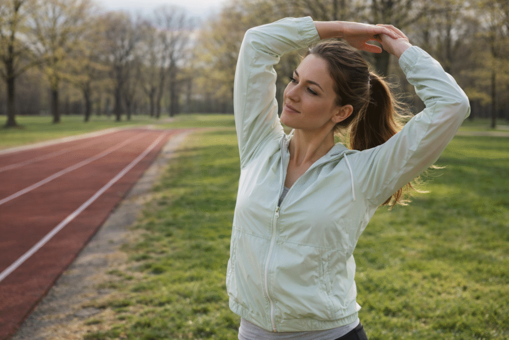 Woman stretching outdoors near a running track in early spring, wearing a light windbreaker, standing on green grass with trees in the background, warm natural sunlight, calm focused expression, realistic fitness lifestyle photography with a peaceful but motivated mood.