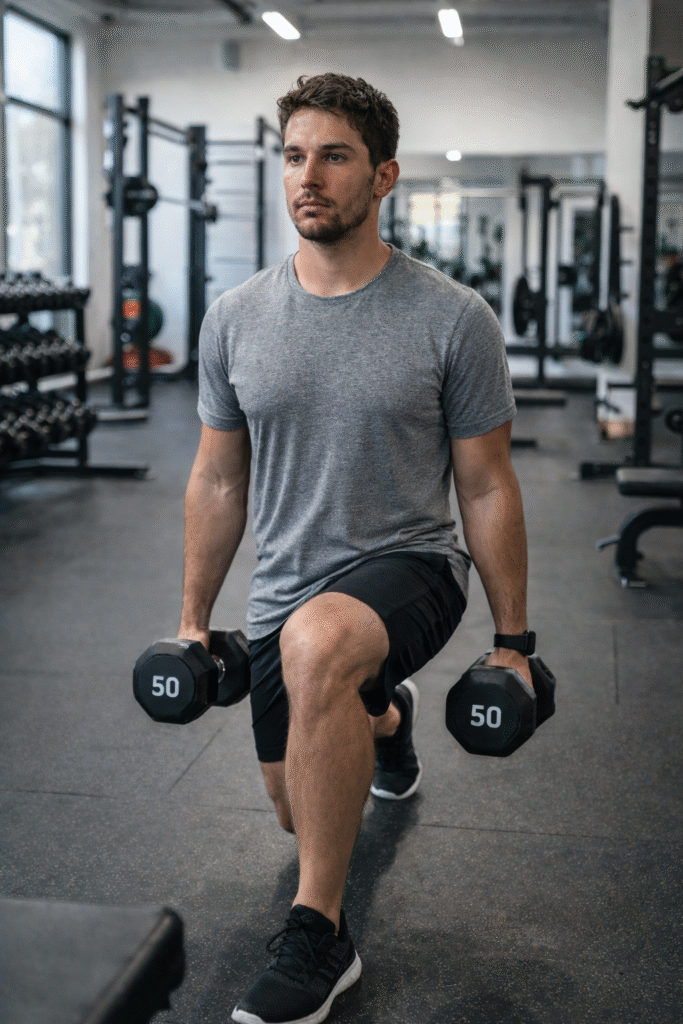 Man with an average build performing dumbbell lunges in a clean, modern gym, holding moderate-weight dumbbells, wearing a gray t-shirt and black shorts, natural lighting, realistic training environment, focused expression, documentary fitness photography style