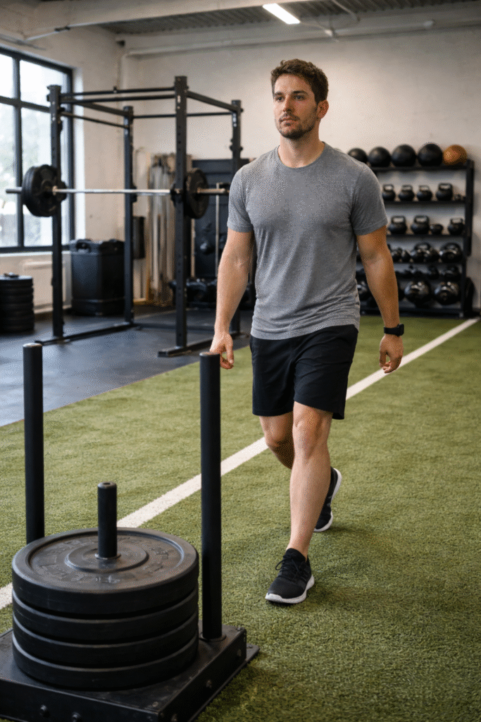 Athlete walking on turf gym floor toward a sled push after finishing a weightlifting set, modern strength and conditioning gym with racks and weights in the background, natural lighting, realistic functional fitness training environment, documentary photography style.