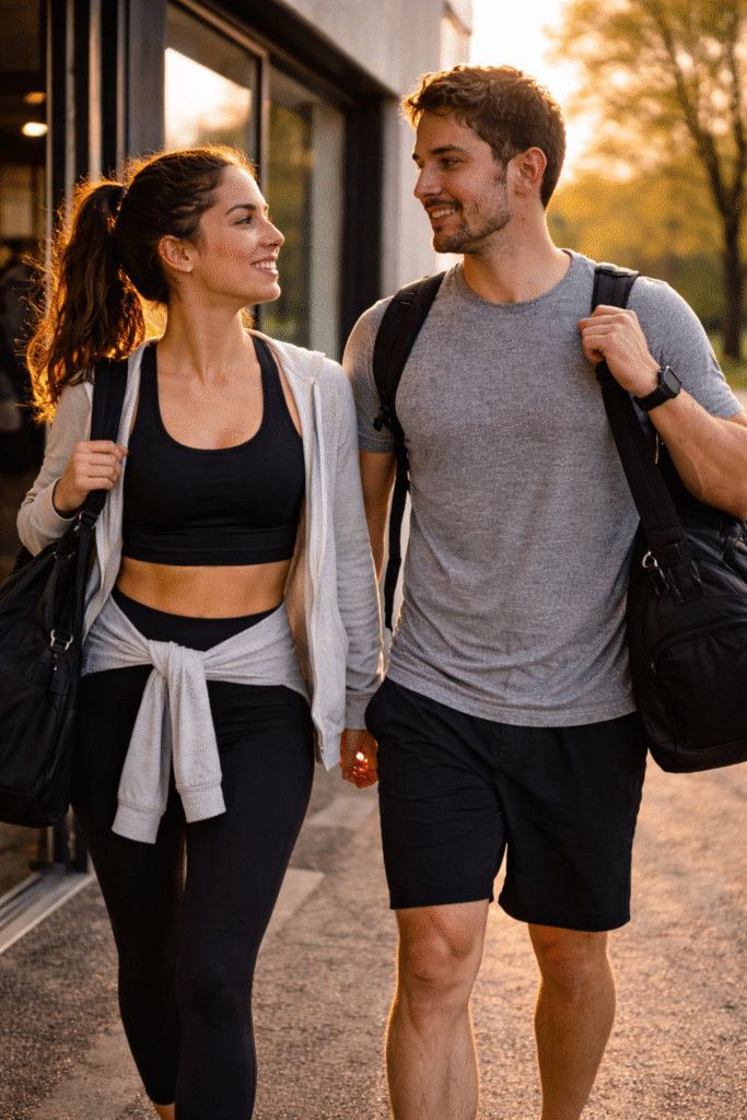 Man and woman walking out of a gym together after a workout, gym bags over their shoulders, warm sunset lighting, relaxed and accomplished mood, modern gym exterior, realistic fitness lifestyle photography with a spring atmosphere, documentary style.
