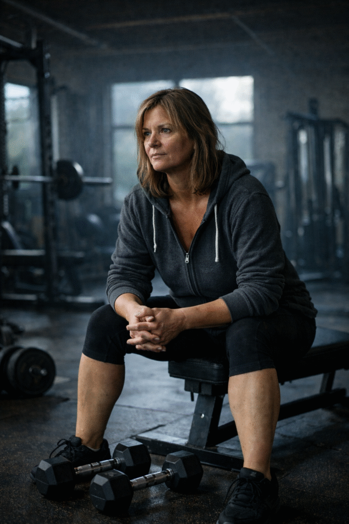 Middle-aged woman sitting on a bench alone in a quiet gym early in the morning, hoodie off, looking contemplative with dumbbells on the floor in front of her, soft natural light coming through the windows, realistic documentary-style fitness scene.