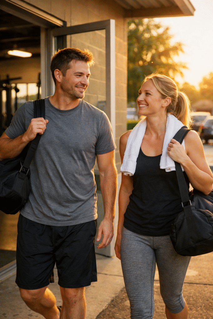 Two people walking out of a gym after a workout, each carrying a gym bag over their shoulder, smiling and talking to each other in warm sunset light. They are wearing casual workout clothes, and the scene has a relaxed, everyday fitness lifestyle feel with a realistic spring atmosphere outside the gym.