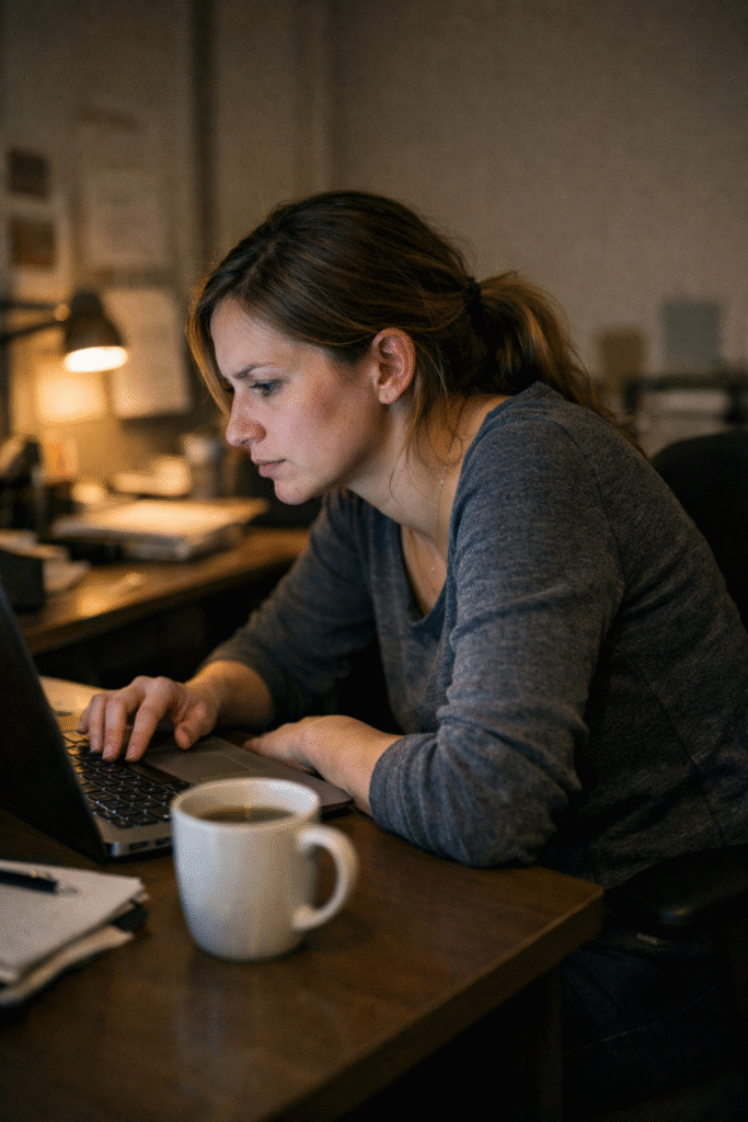 A woman sits at a desk working on a laptop with a slightly hunched posture and forward head position, her shoulders rounded as she leans in. A coffee mug rests in the foreground, and warm, dim lighting from a desk lamp highlights her focused yet fatigued expression in a quiet office setting.