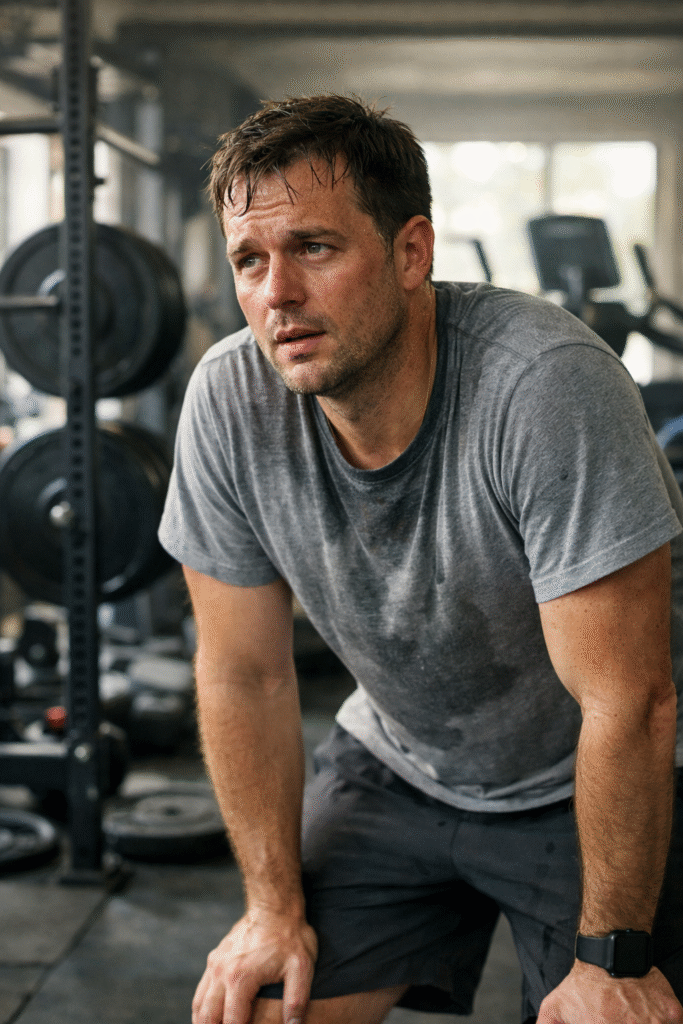 Man in a gym mid-workout, leaning forward with hands on his knees, visibly fatigued and slightly frustrated, sweat on his face and shirt, with weights and cardio equipment blurred in the background under natural light.