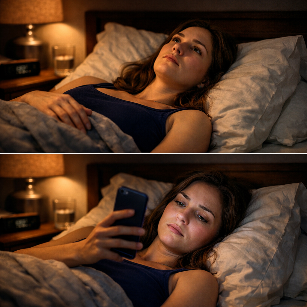 Woman lying awake in bed at night wearing a navy blue tank top, dim bedside lamp casting warm light across the room, staring up at the ceiling with a tired expression. In a second scene, she looks at her phone, face softly lit by the screen, appearing restless and unable to sleep in a cozy but tense nighttime setting.