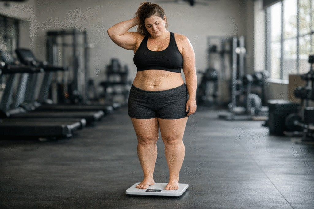 Athletic woman with a slightly chubby build standing on a digital scale in a modern gym, looking thoughtfully at the number, illustrating confusion around weight, BMI, and fitness progress.