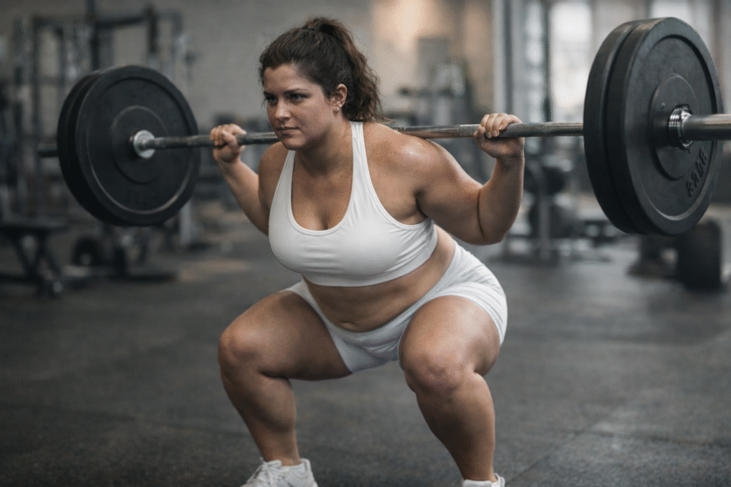 Strong female athlete performing a barbell squat in a gym, illustrating strength training and how muscular fitness does not always align with BMI measurements.