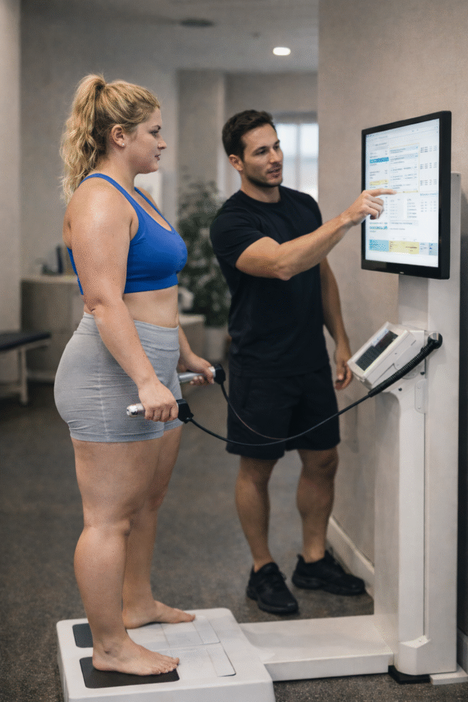 Athlete undergoing a body composition scan while a trainer reviews results on a screen, illustrating modern fitness testing beyond BMI measurements.