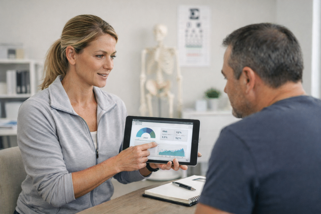 Trainer reviewing BMI and body composition data on a tablet with a client during a health consultation, illustrating modern fitness and health assessment.