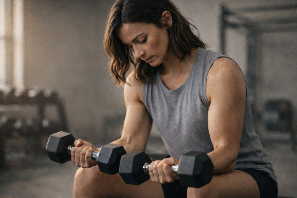 Female athlete performing a controlled dumbbell curl while seated on a bench in a quiet gym, wearing a gray sleeveless top, focused expression, soft natural lighting with blurred gym equipment in the background.
