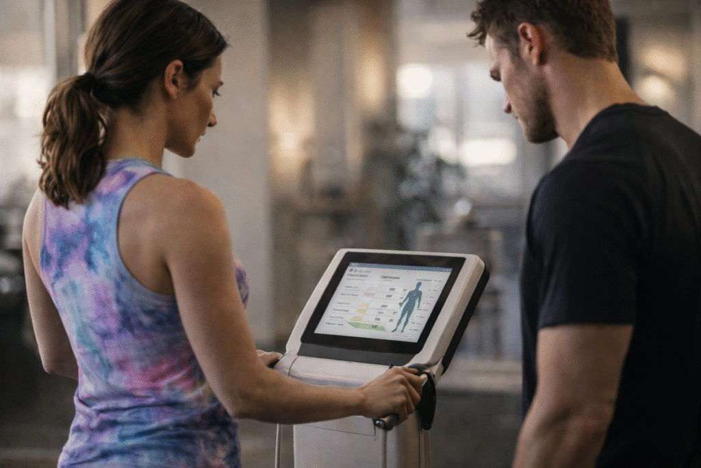 Female athlete standing on a body composition scanner while looking at the results on a screen, wearing a tie-dye athletic top, with a trainer beside her in a modern wellness facility with soft lighting and neutral tones.