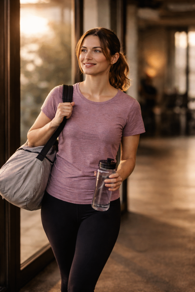 Woman leaving the gym with a gym bag over her shoulder and a water bottle in hand, wearing a pink athletic top and black leggings, warm natural light coming through the windows, calm and relaxed post-workout moment.