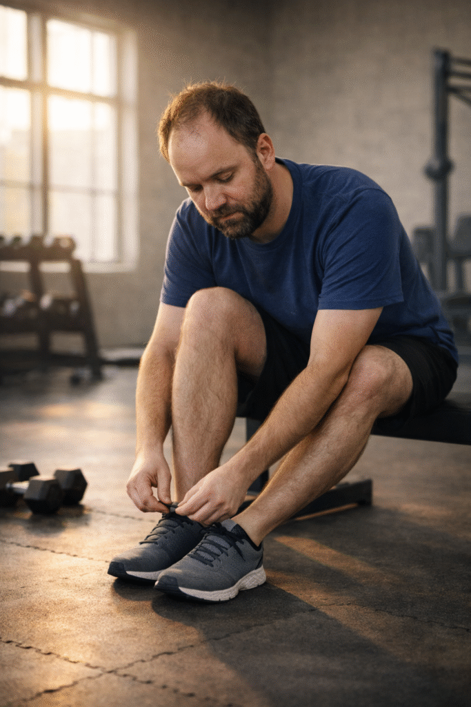 Man with an average build tying his running shoes while sitting on a gym bench, soft morning light coming through large windows in a quiet gym, dumbbells resting on the floor nearby, calm and reflective pre-workout moment.